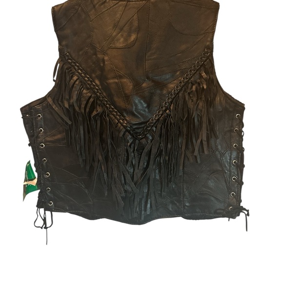 NWT Navarre Italian Stone Genuine Leather Vest Womens Lg Black Fringe Biker - Picture 2 of 9